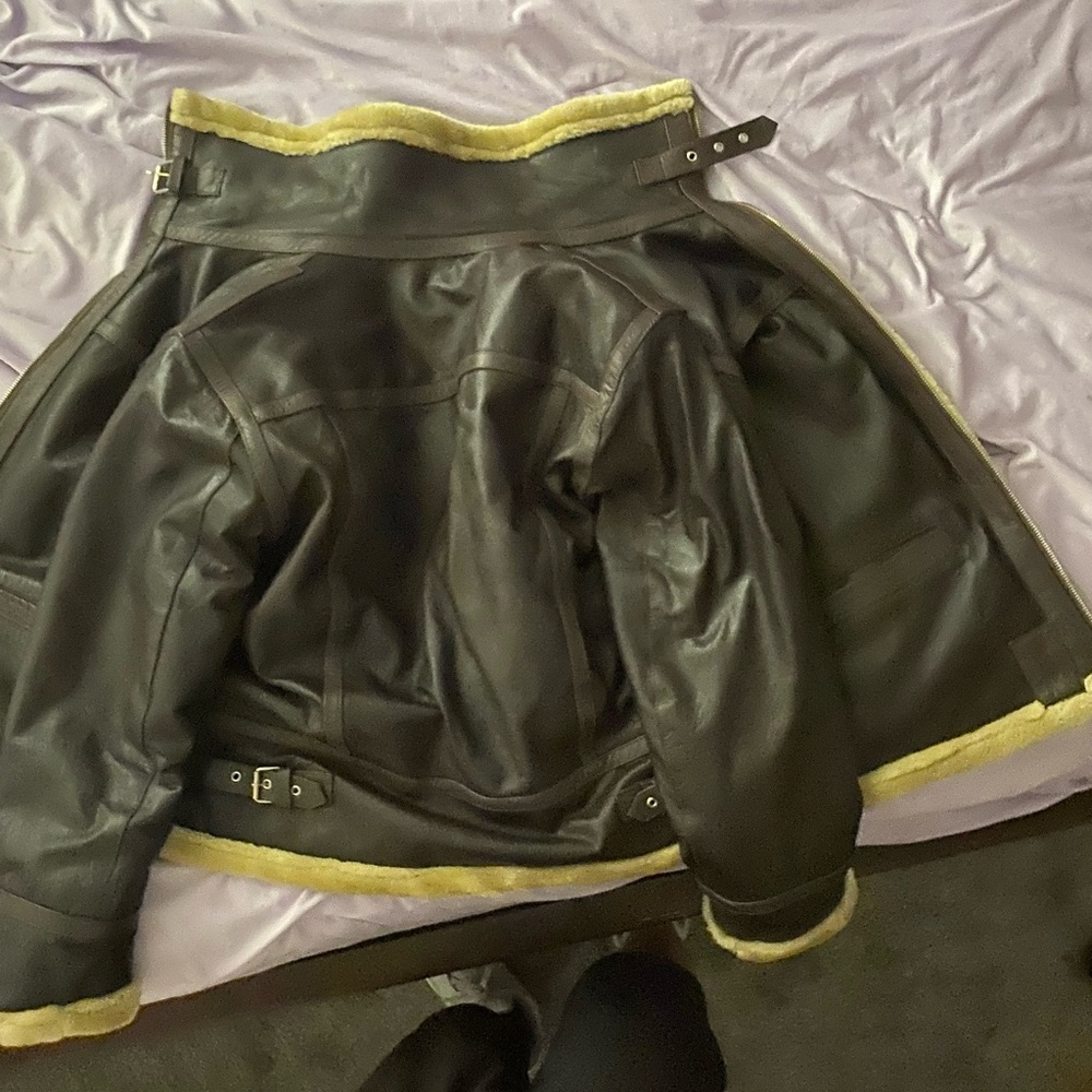Brown Leather Jacket with Cream Trim